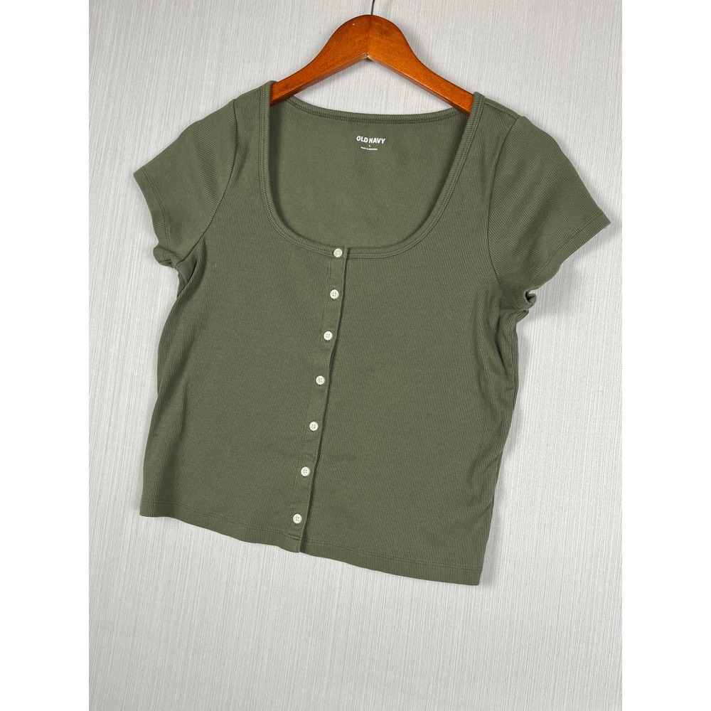 Old Navy Scoop Neck Rib Tee L Green Button Front‎ Cottagecore Y2K Style